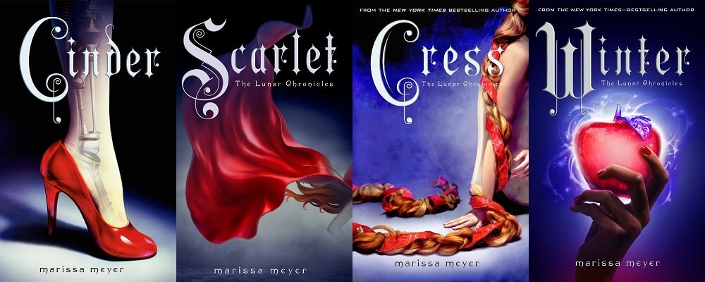 The Lunar Chronicles by Marissa Meyer. Containst cinder, scarlet, cress and winter.